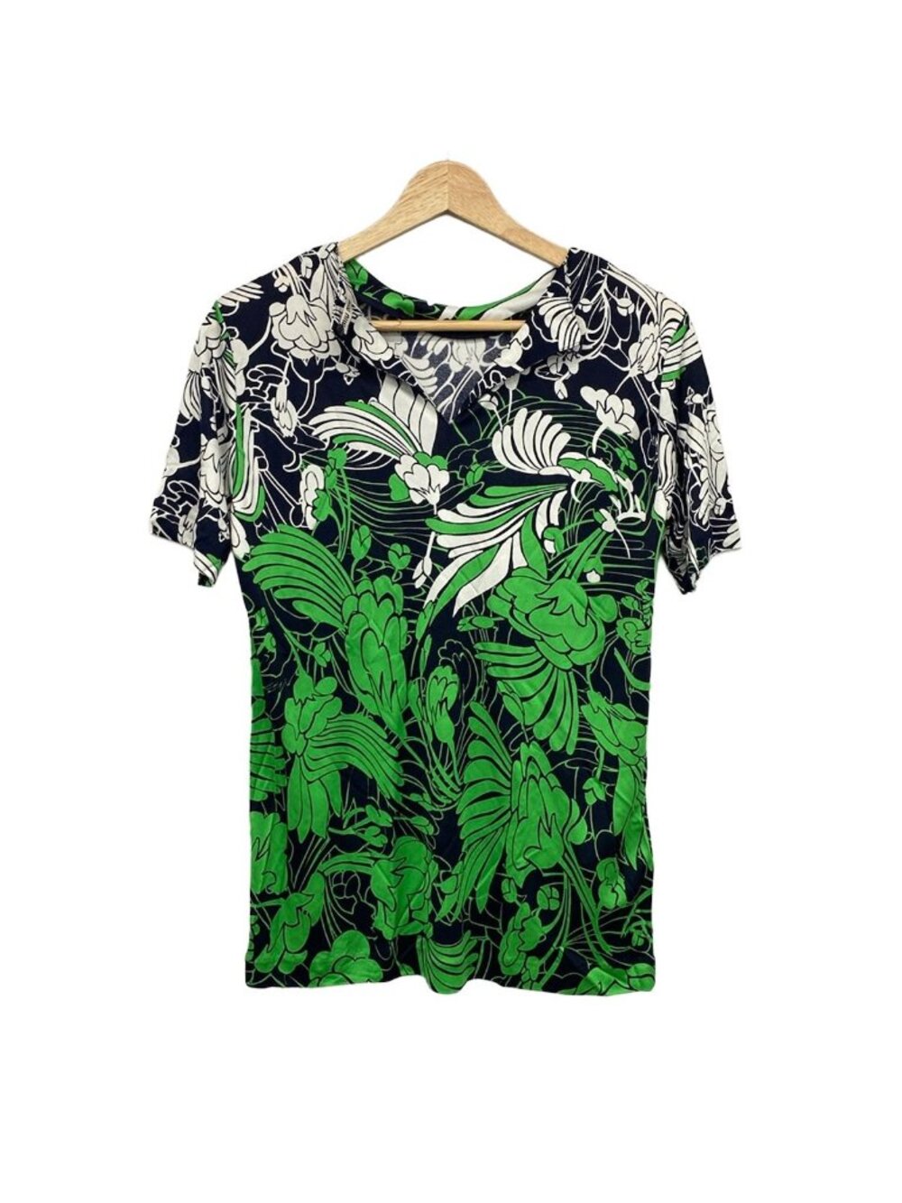 Miu Miu Short Sleeve Top White Dark Navy Green Crew Neck Floral Pattern L